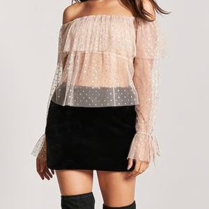 Mesh + Gold Polka Dot Off The Shoulder Shirt